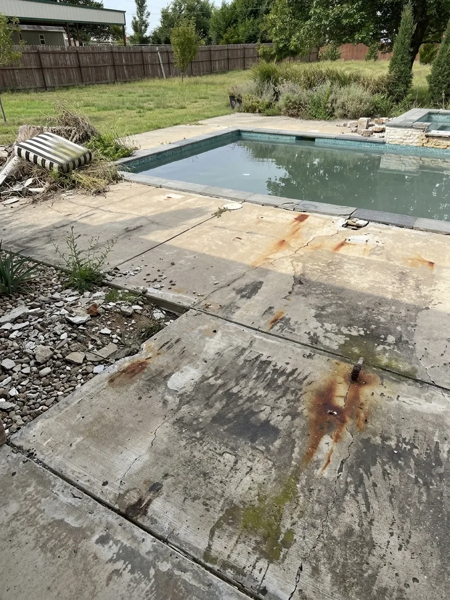 Worn, weathered patio concrete before coating